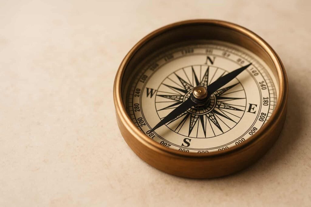Brújula dorada sobre fondo beige que simboliza la dirección vital en terapia psicológica.