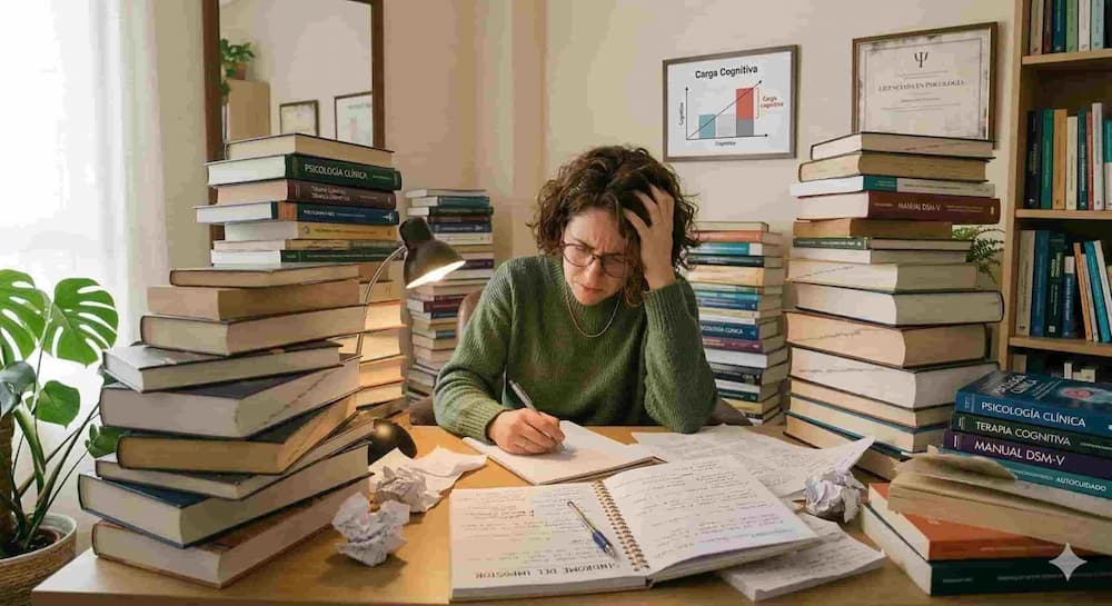 Terapeuta abrumada entre libros en su consulta, reflejando el síndrome del impostor en psicólogos en Marbella.